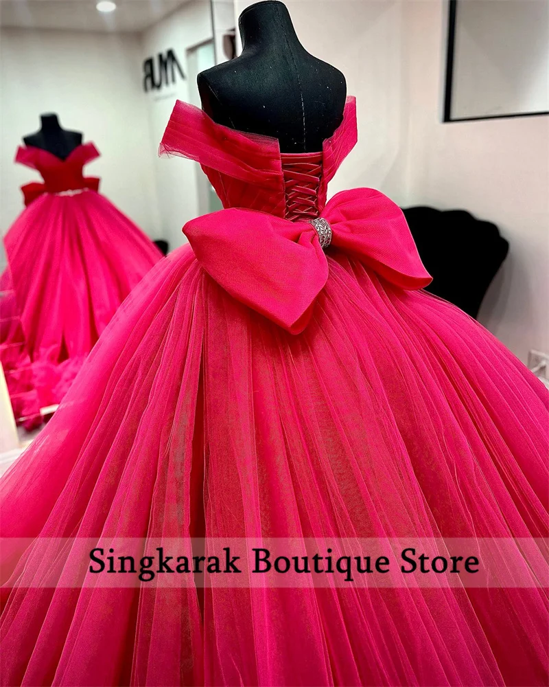 Princess Hot Pink Quinceanera Dresses Gown With Bow Beads Crystals Tiered Ruffles 15th Birthday Party Sweet 16 Dress  Customized