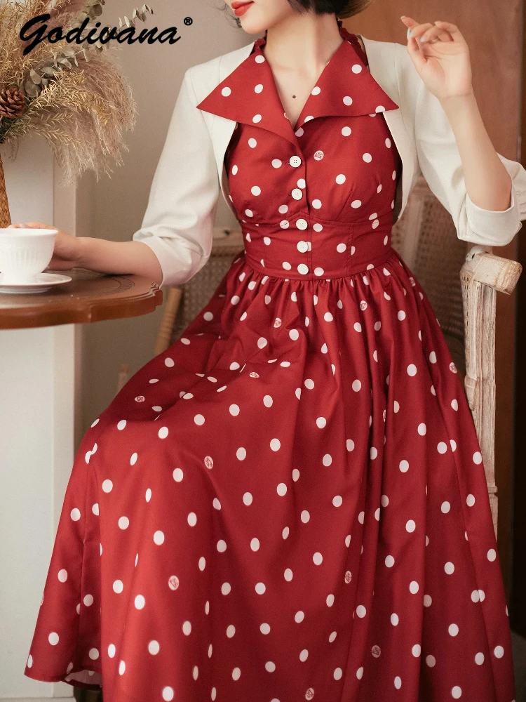 

French Retro Spring Summer Polka Dot Halter Dress Elegant Ladies Backless Slim Lolita Long A-line Dresses