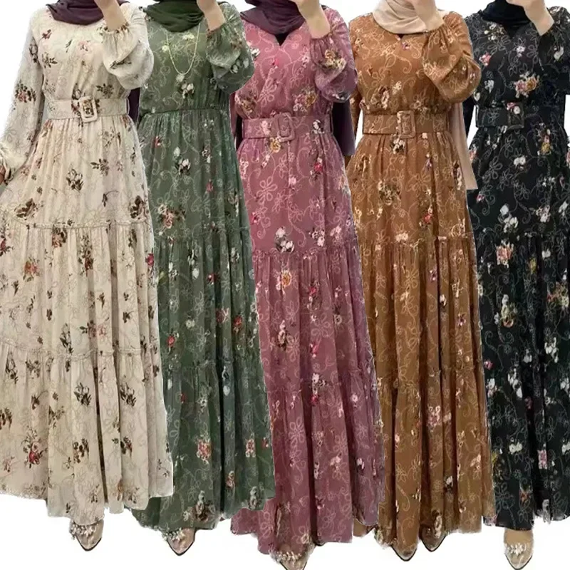 Mulheres Gola Alta Flores Kaftan, Eid, Vestidos Muçulmanos, Dubai, Árabe, Islamismo, Abayas, Marrocos, Manto Longo Casual, Cinto