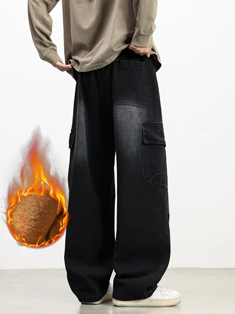 الرجال الشتاء الصوف البضائع الجينز مع 5 جيوب واسعة الساق مستقيم فضفاض الجينز نحى الدافئة الدنيم السراويل حجم الآسيوية L-6XL #5
