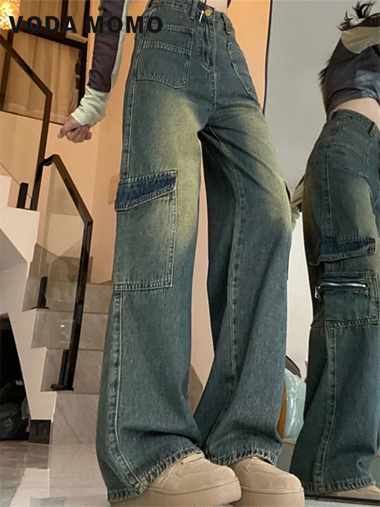 American Style High Street Cargo Jeans 2024 Women Autumn New Loose Fitting High Waiste Straight Wide Leg Floor Mop Pants Vintage