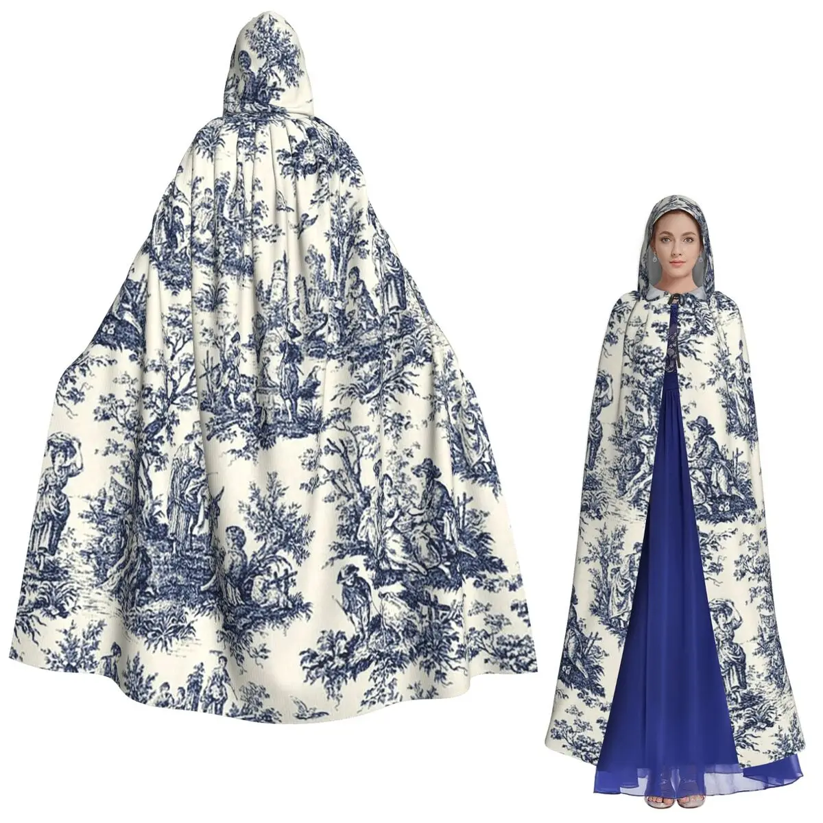 Vintage Toile De Jouy Navy And White Long Hooded Cloak Witch Medieval Costume Cosplay HalloweenCoat Adult Unisex