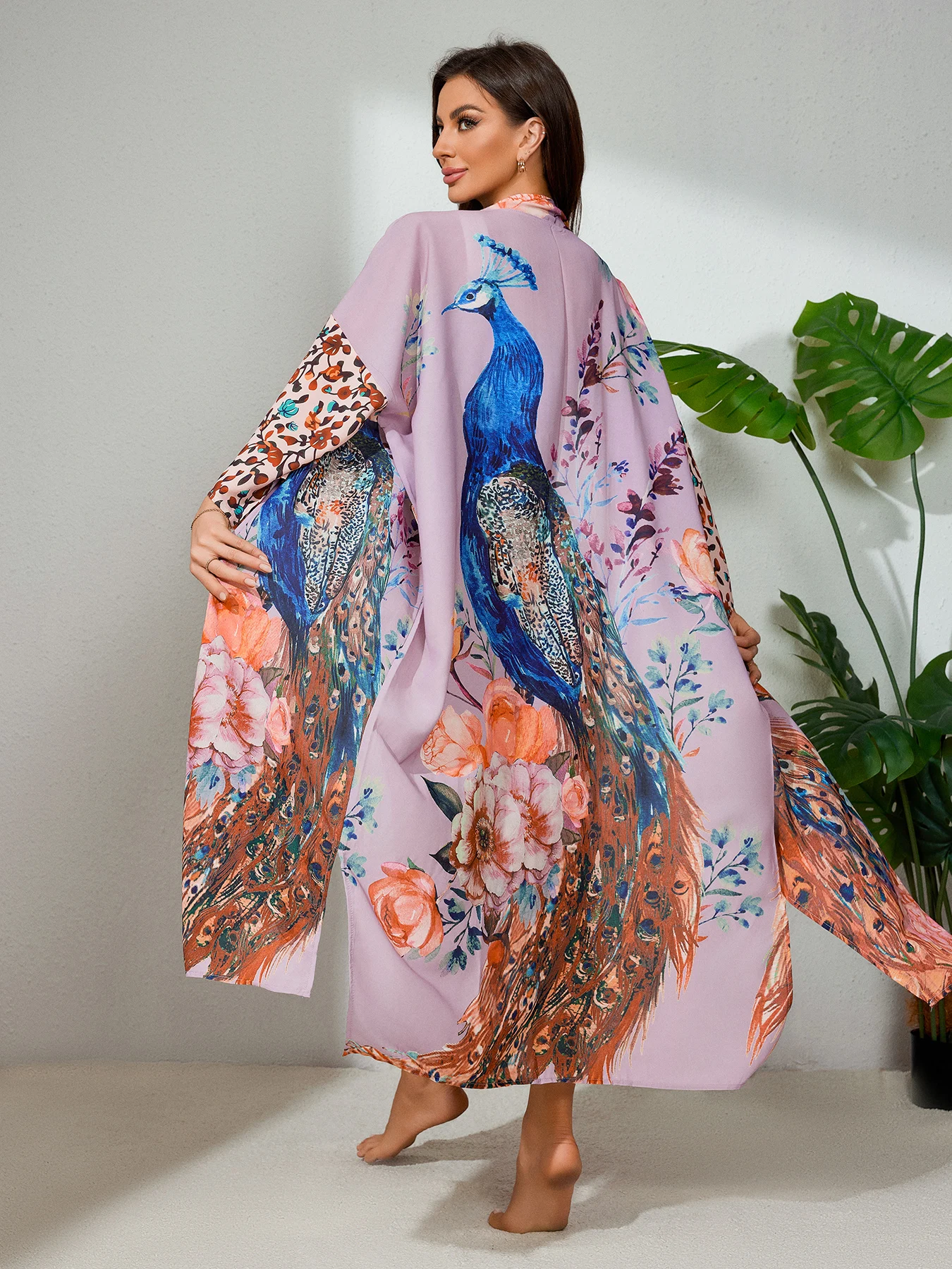 Peocock Printed Beach Cover Ups Kimono Cardigan Self Belted Wrap Dresses Summer Holiday Bathing Suits