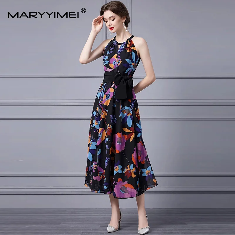 MARYYIMEI Vestido de moda con cuello halter y estampado floral, cintura alta, con cordones, vestido de fiesta sexy delgado
