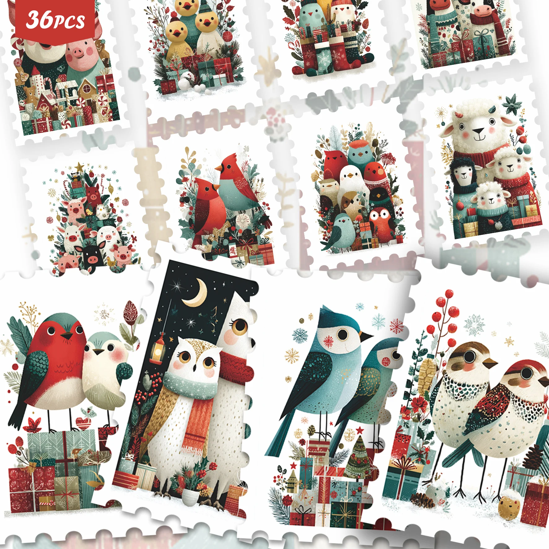 36PCS Christmas Animal Sticker Collection, cute festive animal designs, warm holiday tone, great for journals, tumblers, for pad