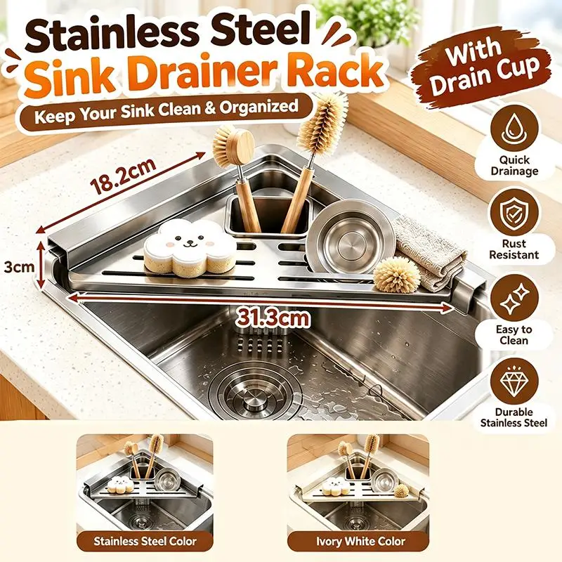 1Pcs Hollowed Large Capacity Sink Drain Shelf Stainless Steel Sink Corner Rack Anti-rust Quick Water Drainage Dish Drying Rack