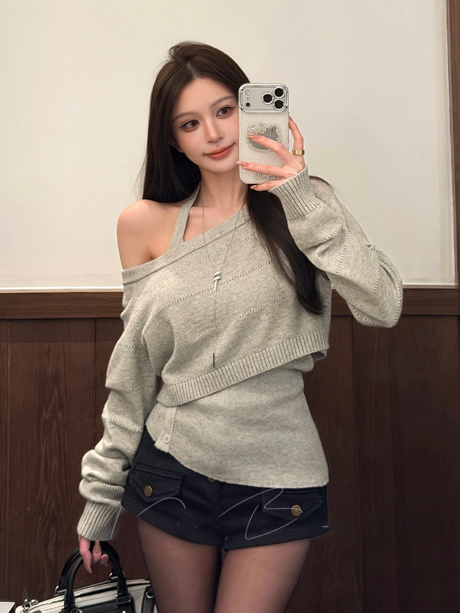 

Gentle nt Fake Two-Piece Knitted Top Women's Korean Sle Hanging Ne Strap One oulder Cover Spring Autumn Set