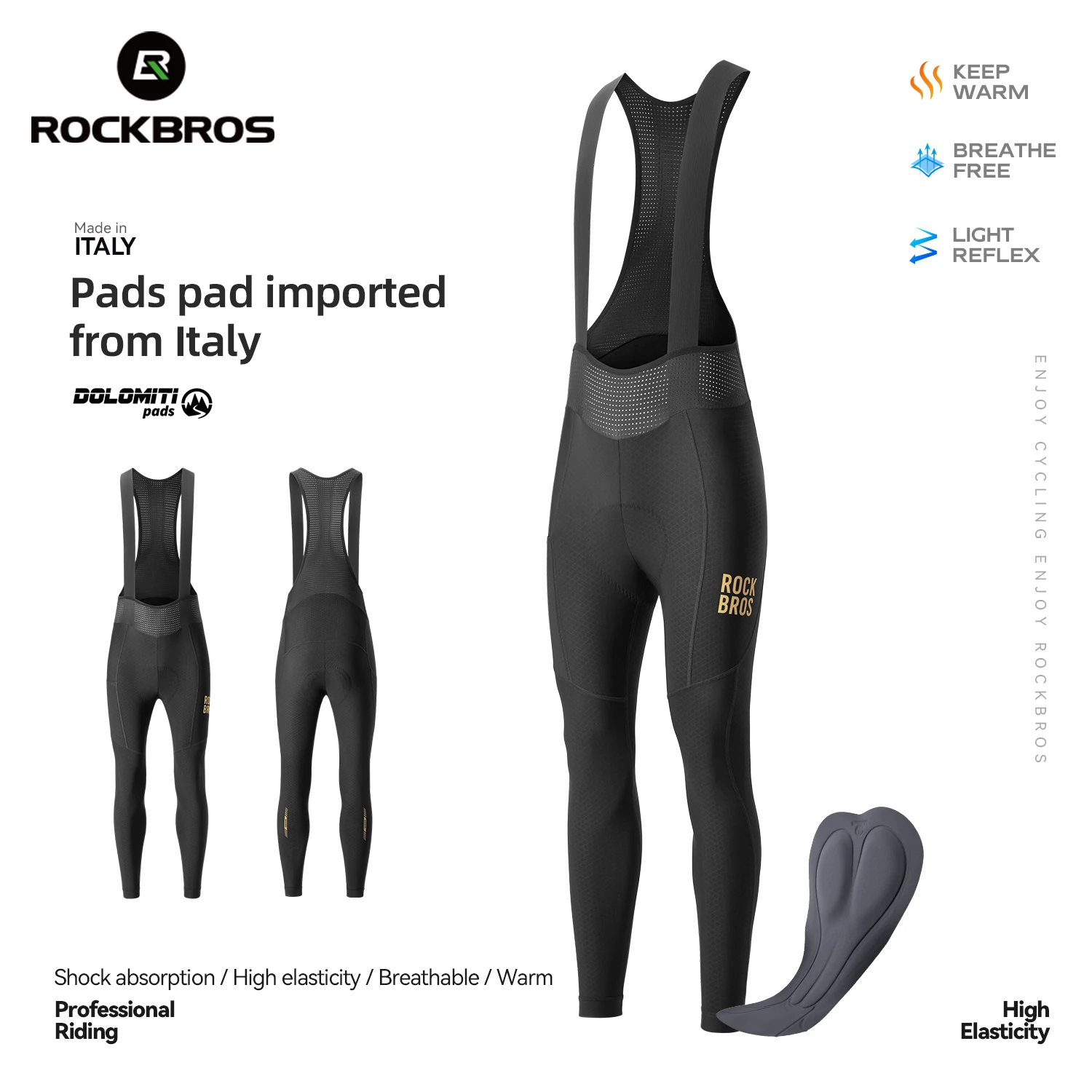 

ROCKBROS Winter Cycling Bib Pants Windproof Warm Thermal Fleece Cycling Trousers High Elastic Soft Cushion Pad Men Cycling Pants