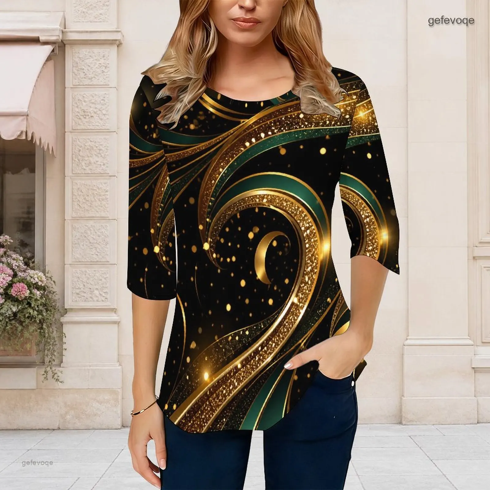 Women Round Neck 3/4 Sleeve Printed Top White with Purple Rose Golden Tree Pattern Curved Hem