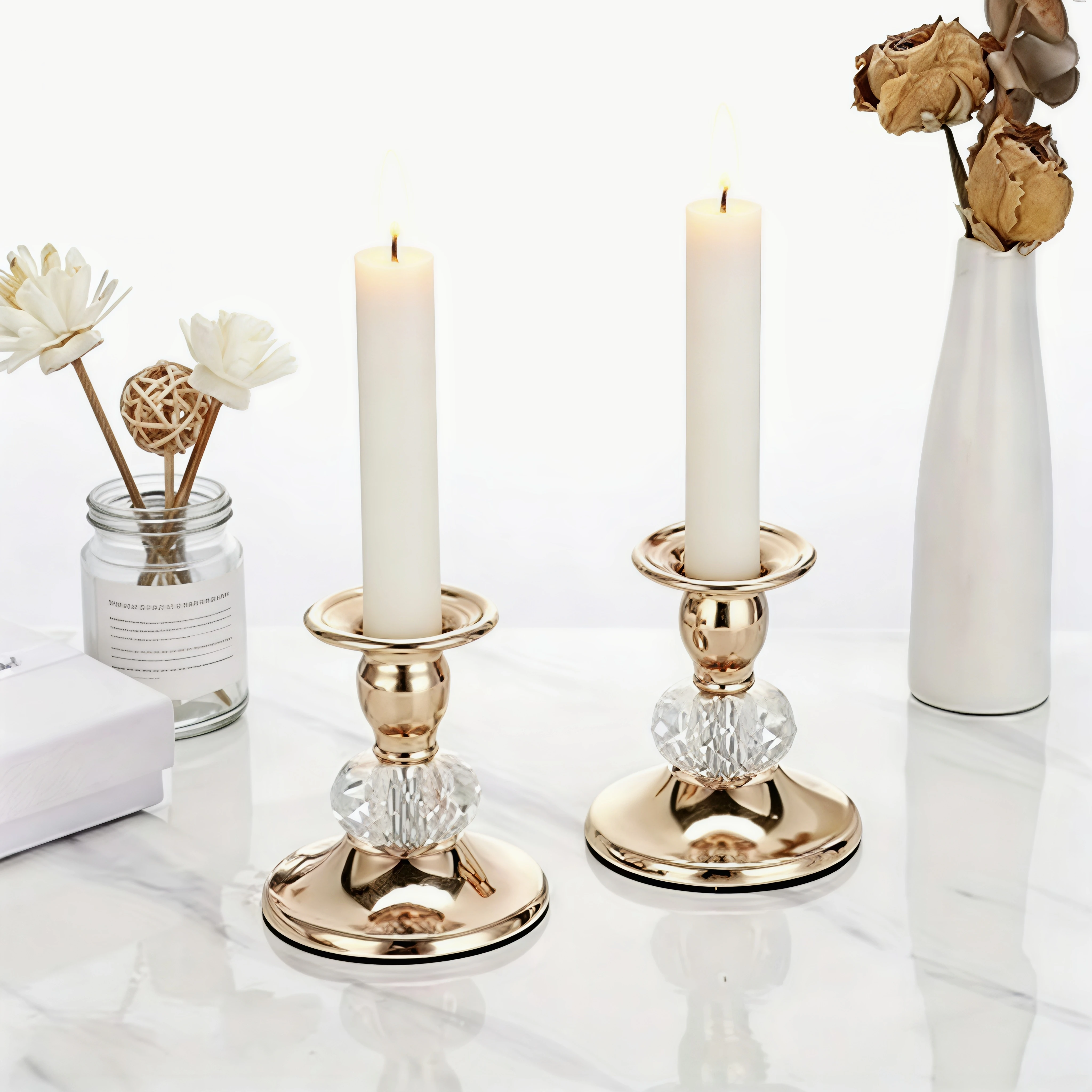 Multi Sets Crystal Metal Accent Candlestick Holders Vintage Brass Tabletop Candle Stand for Wedding Gift & Home Table Decoration