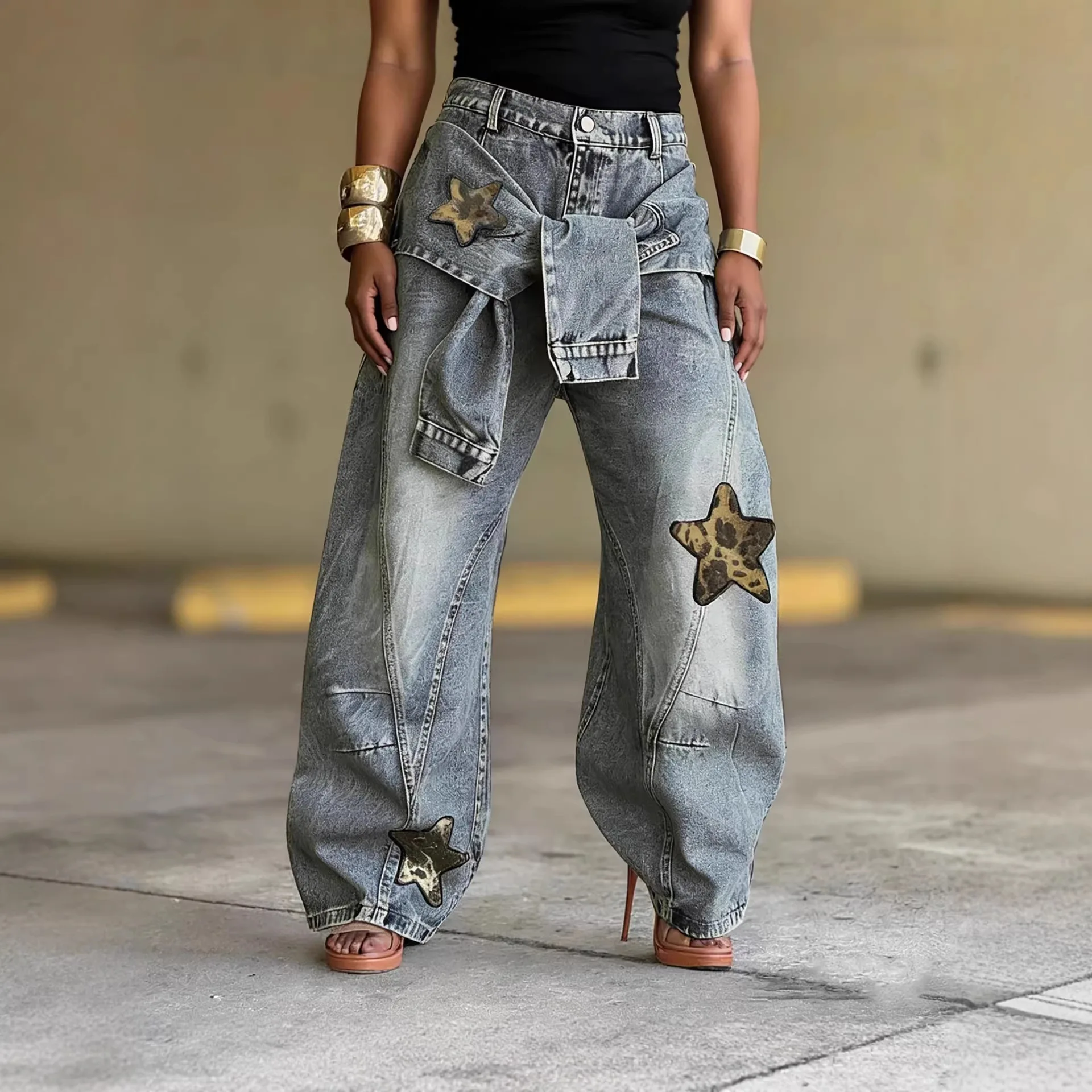 Women Wide Leg Jeans Star Leopard Patch Pants Straps Washed Vintage Distressed Y2k Floor Length Streetwear Denims Trousers 2026