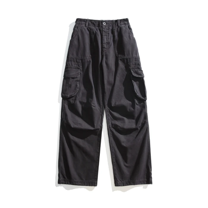 

100% Cotton Heavyweight Relaxed-Fit Flared & Floor-Length Cargo Pants - Men's Washed Straight-Leg Pants with Drawstring Ankles