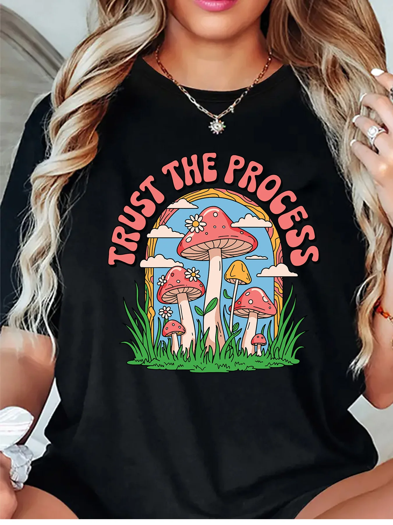 Trust The Process Retro Mushroom Daisy Cloud Nature Graphic Womens T Shirt Short Sleeve Crew Neck Casual Ladies Tee Tops