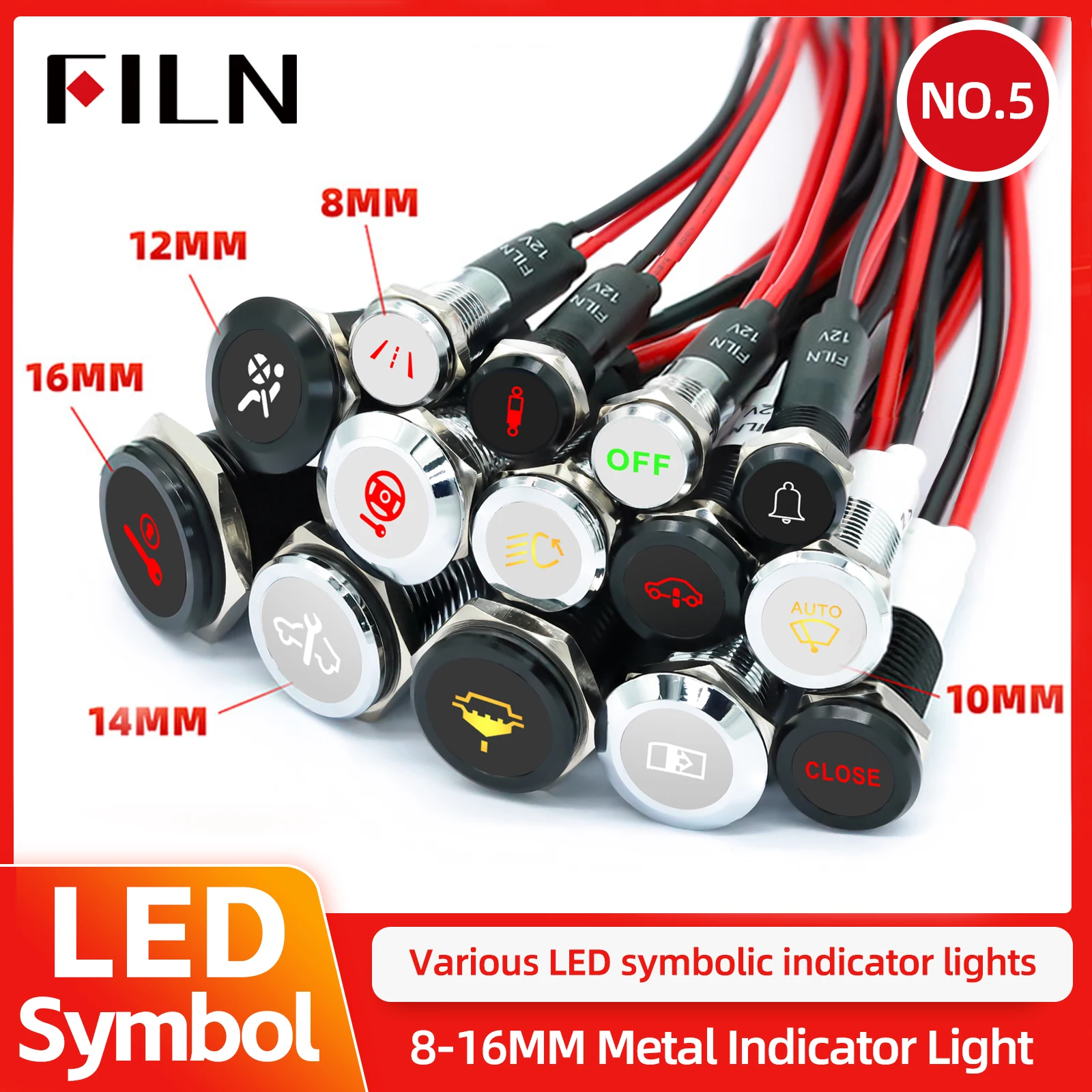 

FILN LED Pilot Light 12В 24В - металлический индикатор для автомобиля/грузовика/машины | 8-16 мм, несколько размеров (8/10/12/14/16 мм)