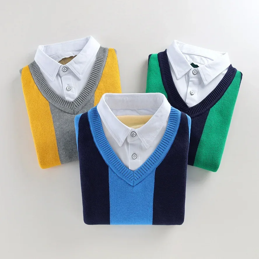 Boys Winter Sweaters 2022 New Kids Shirt-Collar Pure Cotton Striped Knitwear Children's Thicken Warm Pullovers Can Match Velvet