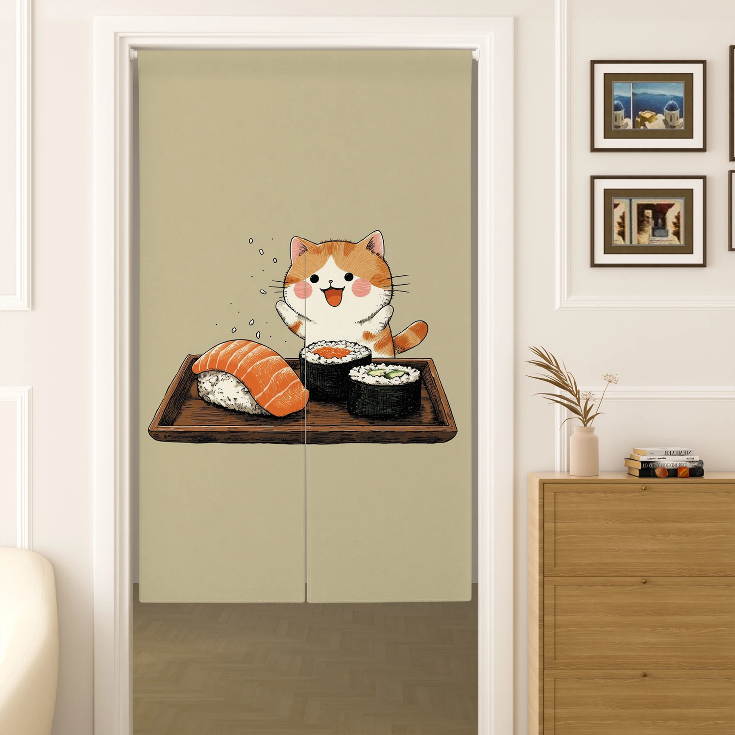 Japanese Door Curtain Lucky Cat And Sushi Pattern Wind Cartoon Design Decoration Linen Door Curtain Bedroom Half-Curtains