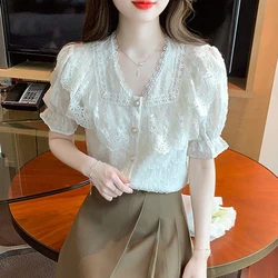 Summer Short Sleeve Lace Women Shirt V-Neck Blouse Shirt Women Tops Shirts Blouses Blusas Mujer De Moda 2024 Verano Blusa G458