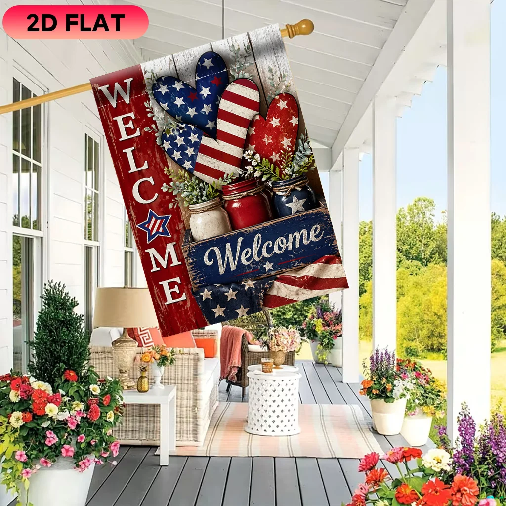 2D Flat, 2D Flat Garden Flag 1pc, Welcome American Theme Decoration, Durable Polyester Material, Perfect for Garden, Lawn, Patio, Home, Outdoor, Beach Flags, Summer Holiday Celebration Decorative Flags (flag Pole Not Included) Single-sided Printing