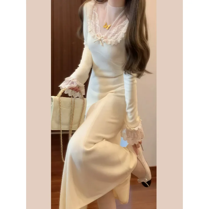 

White Knitted Dress for Women, Autumn and Winter 2025 New Style, Long Dress for Layering with A Coat