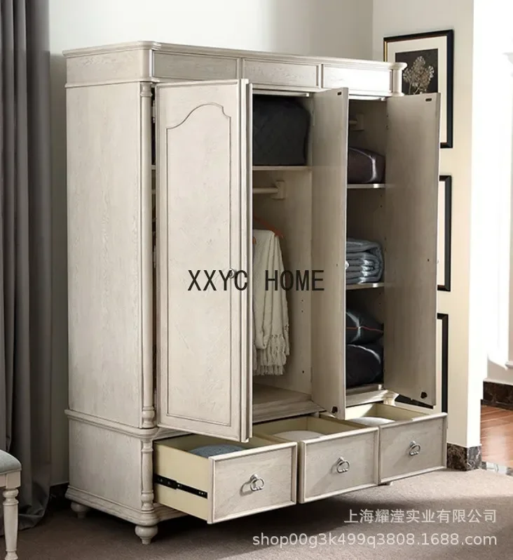 Solid Wood Vintage Wardrobe Bedroom Oak White as Old Wardrobe with Drawer Three-Door Wardrobe