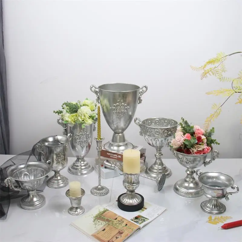 HYS tall vase dried flower pot wedding hotel home decoration ornament old silver wrought iron flower ware