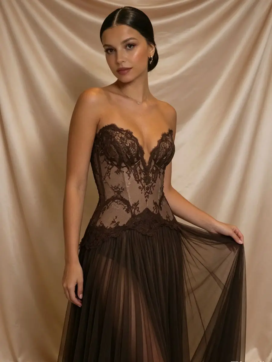 custom-strapless-sleeveless-deep-v-lace-corset-tulle-maxi-gown-evening-dress-bridesmaid-dress-sheer-pleated-mesh-cocktail-dress