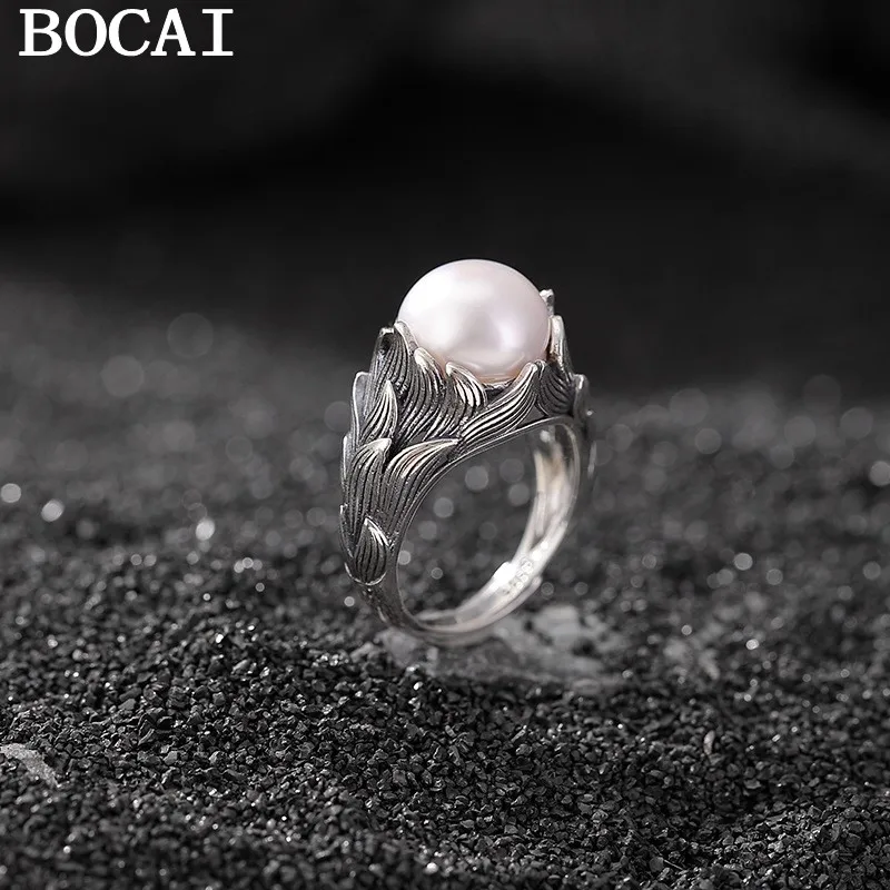 

BOCAI NEW S925 Sterling Silver Exaggerated Trend Natural Freshwater Pearls Flower Buds Women's Ring