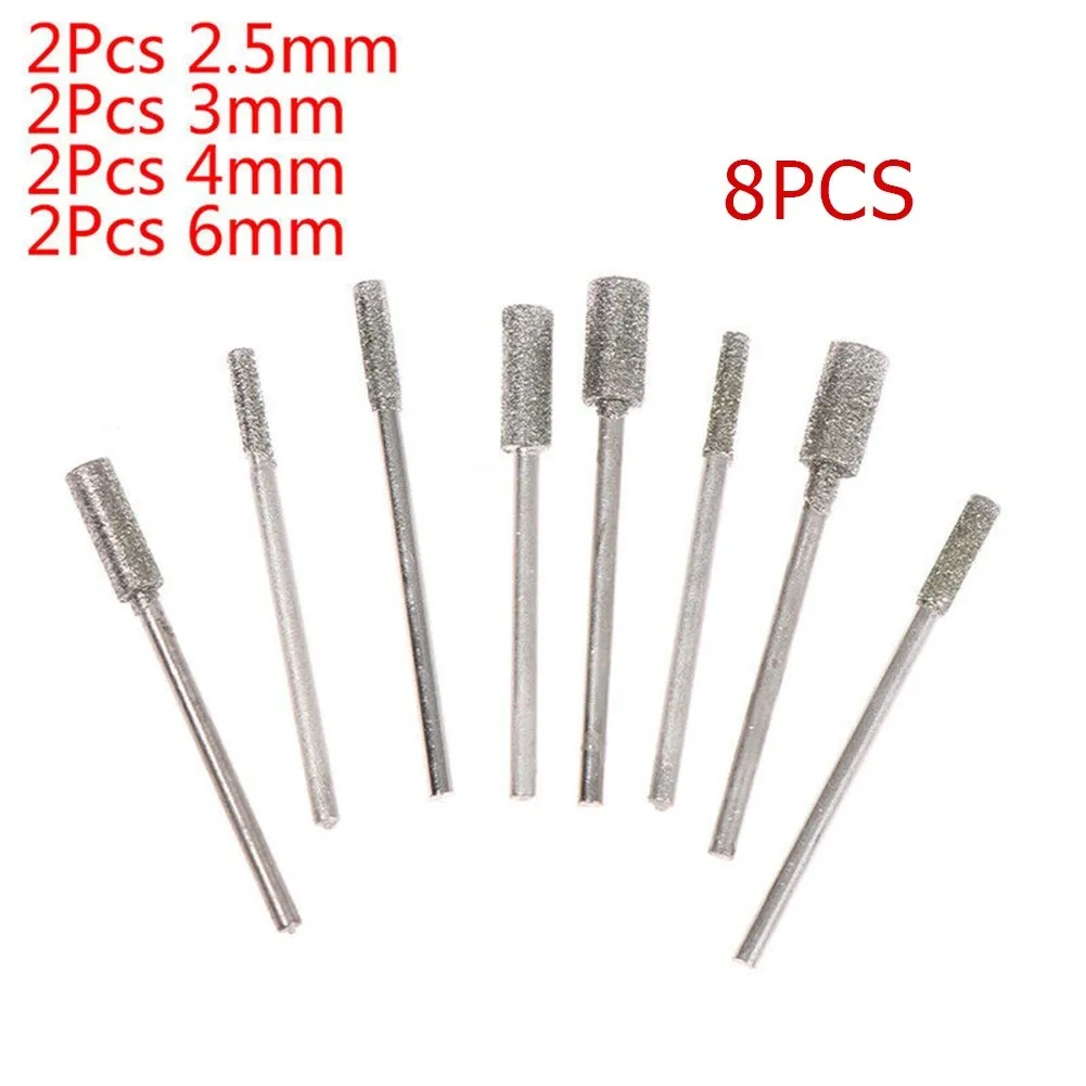 8Pcs Diamond Grinding Cutting Head Burring Bit 2.35mm Shank 3-6mm Head For Jade Stone Carving Polishing Grinder Parts