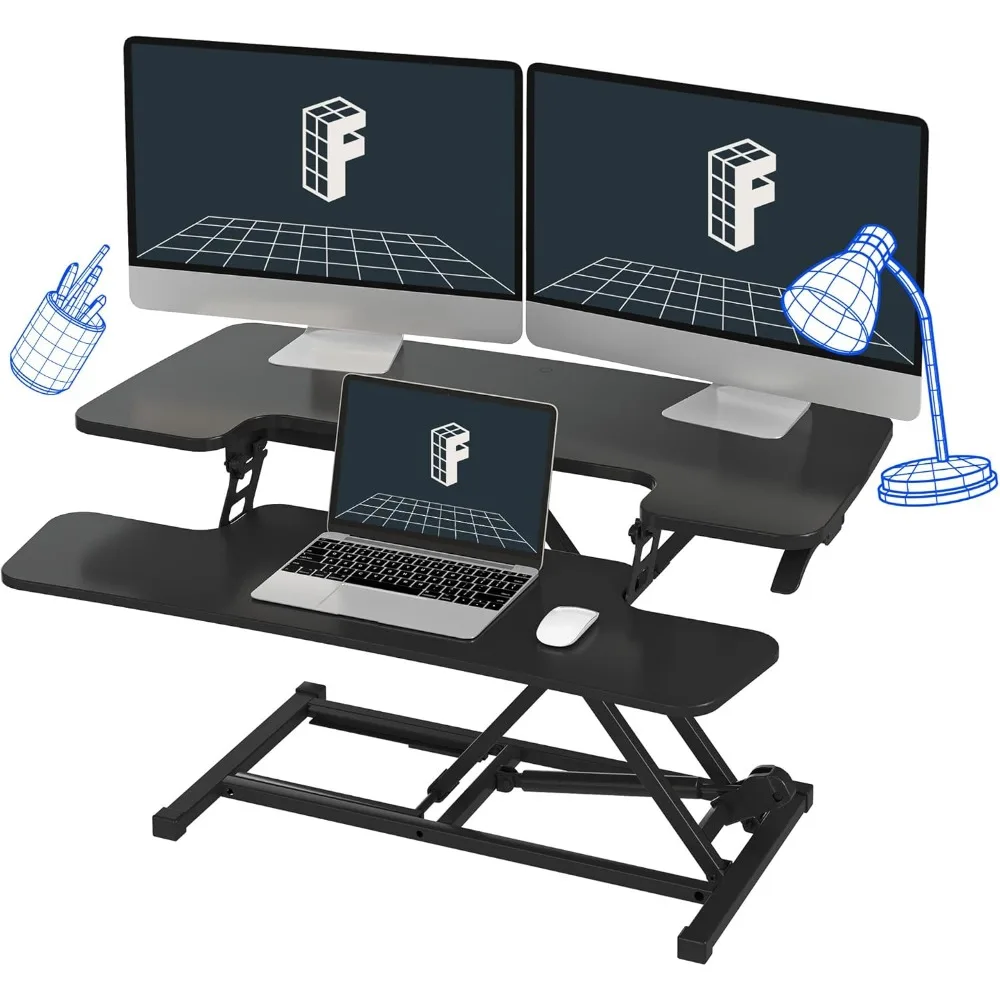 

35in Standing Desk Converter Height Adjustable with Keyboard Tray Wide 2-Tier Desktop Black, Computer Desks