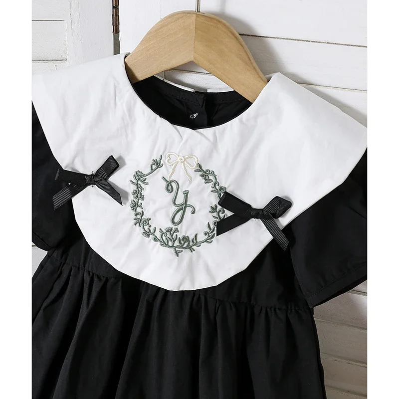 أطفال حفلة القوس Dress1-6Yrs طفل الفتيات فستان ملابس الرضع الصيف الأطفال التطريز زهرة دمية طوق فقاعة القطن الأسود