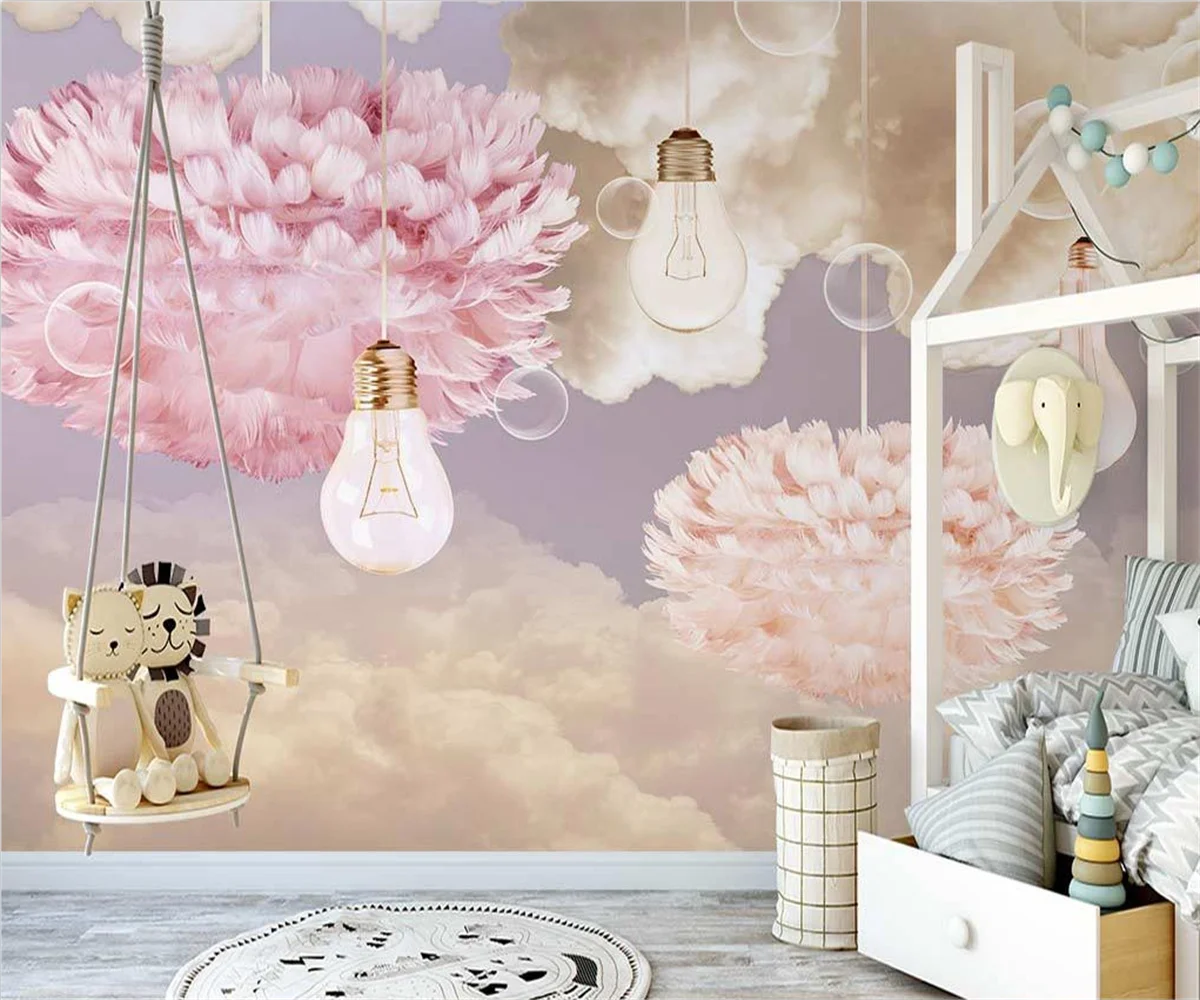 beibehang Customize new Nordic hand-painted feather hot air balloon pink children\'s room background wallpaper papier peint