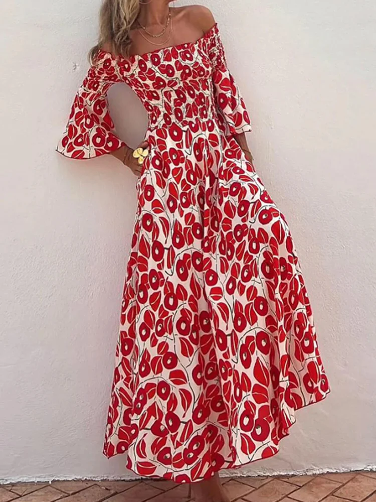 

Slash Neck Backless Fashion Maxi Dress, Women Spring Summer Printing Patchwork Party Dress, Flare Sleeve Loungewear Ladies Dress