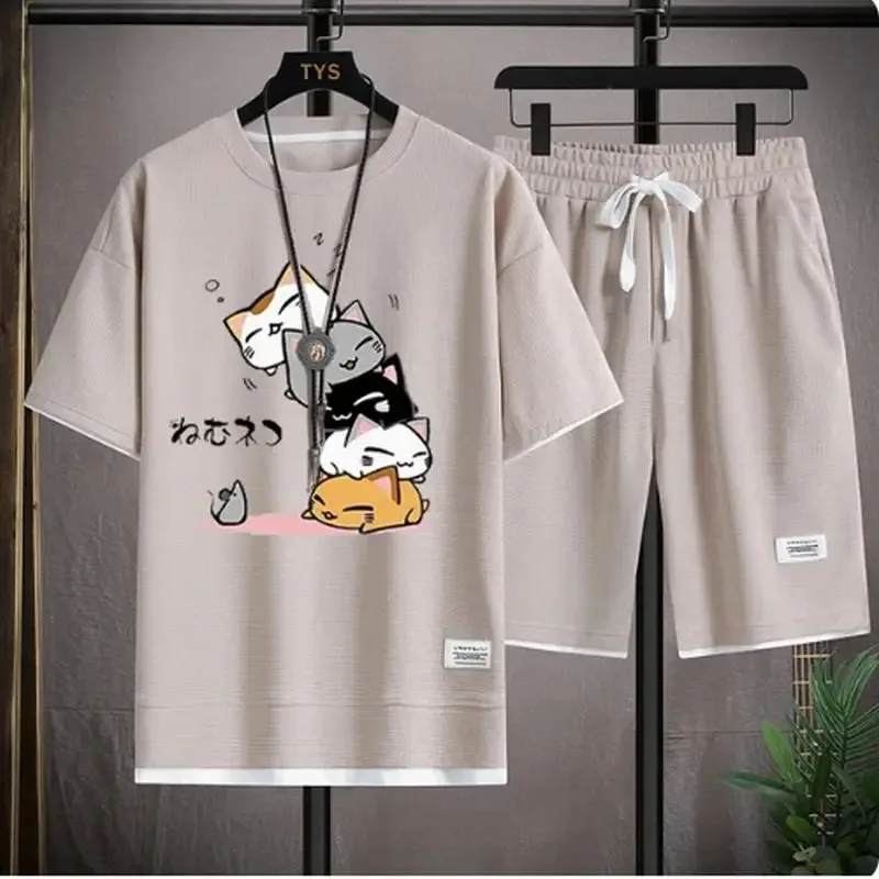 

Men's Summer Waffle Set Brand Fashion Casual T-shirt+Shorts Set Men's Sports Set Loose ComfortableSlo Two-piece Set