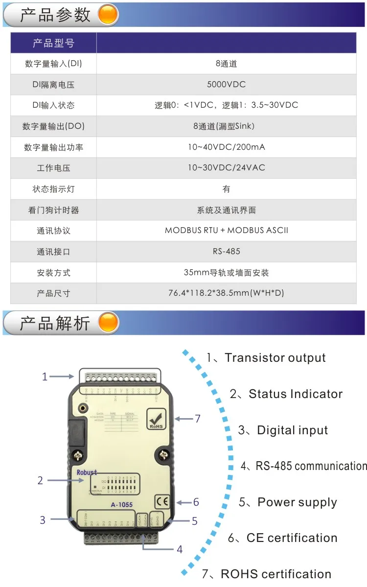 Módulo de E/S con puerto 8DI 8DO RS-485 Modbus RTU (A-1055)