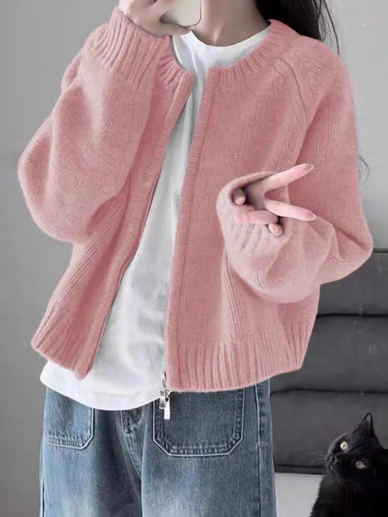 Merino 100% Wool Women's Round Neck Zipper Cardigan Autumn Winter Thick Casual Fashion Cashmere Knit Sweater