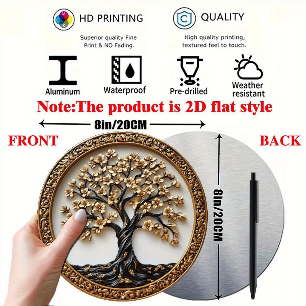 2D Flat, 1pc, Golden Tree of Life Themed Round Aluminum Decorative Sign (8*8 Inches/20*20cm), the Perfect Holiday Gift for Famil