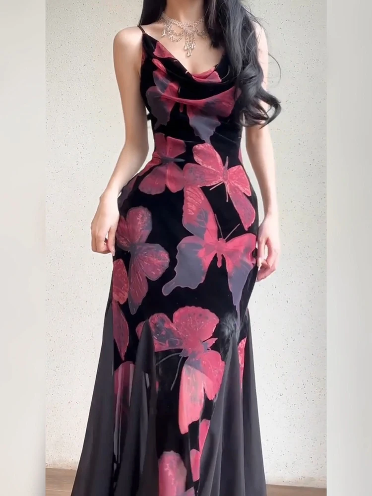 

Elegant plus Size Print Halter Dress Women's Flared Skirt Style Sleeveless Long Dress Korean Commute Style Casual Wear