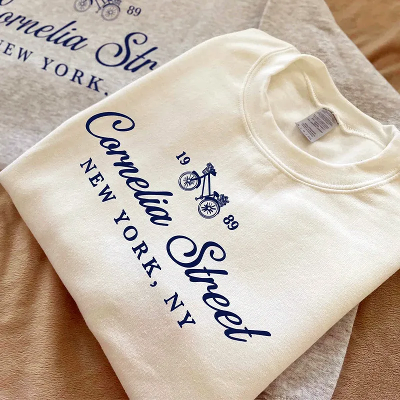 New York Cornelia Street Letters Printed Vintage Style Men Women Loose Sweatshirt Long Sleeve Loose Cotton Thick Autumn Pullover