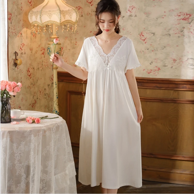 Short sleeved nightgown, women's cotton retro court style, lace princess sleepwear, soft V-neck, suitable for outdoor home wear,