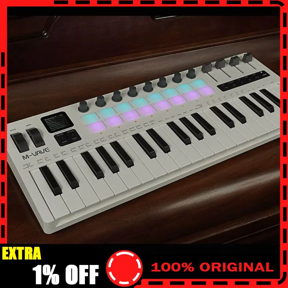 M-VAVE SMK-37 Pro Keyboard Portable 37 Key MIDI Controller​ With Built-in Synth Engine 8 Knobs+16 RGB Pads 37 Key Punching Pad
