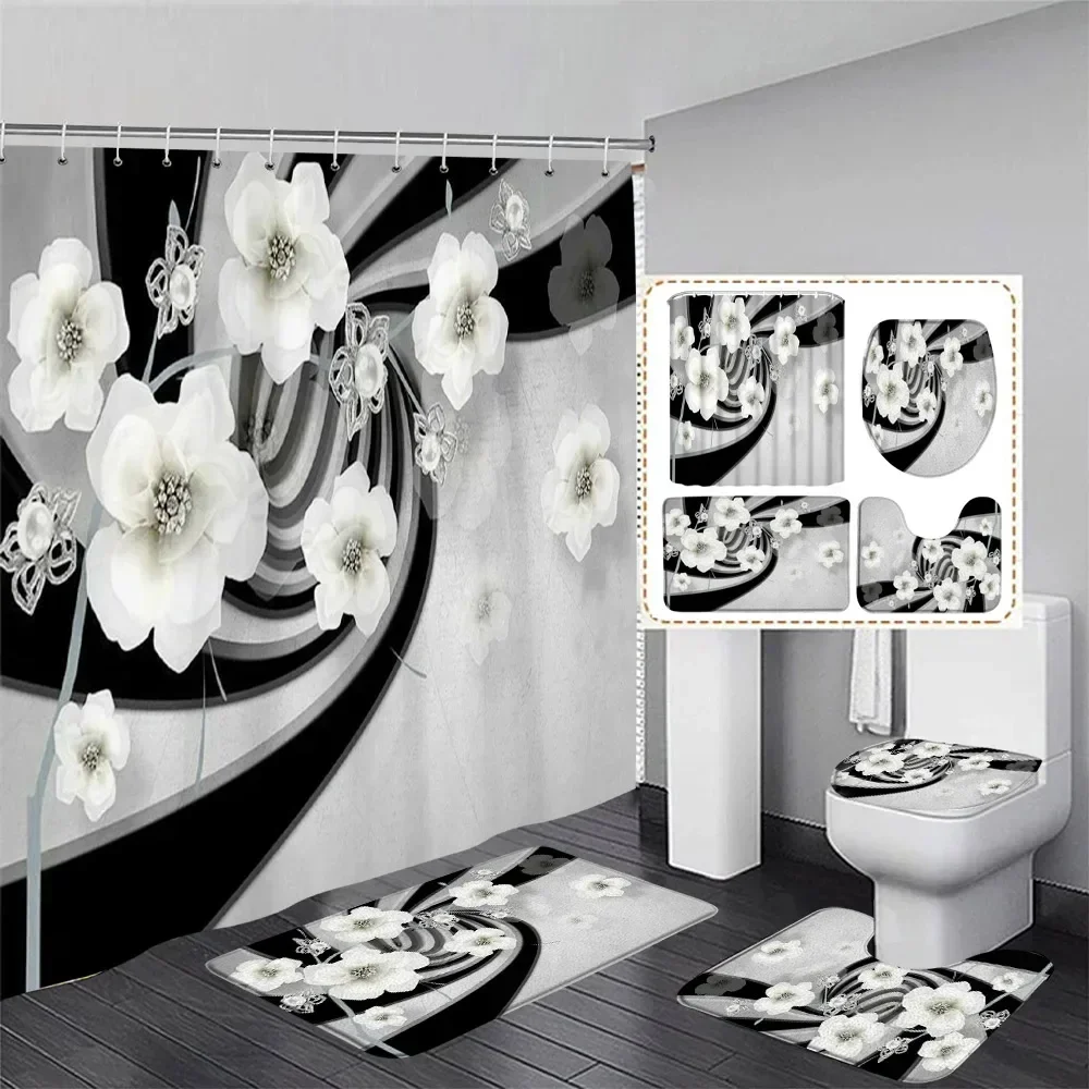 Fashion Pearl Floral Shower Curtain Set Grey Black Geometric Stripe Curtains With Bath Mat Toilet Lid Cover Bathroom Decoration