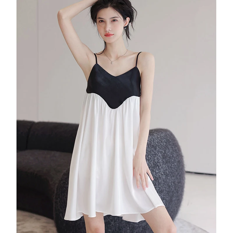 

Fashion V-Neck Spliced Folds Backless Slip Dress Female Clothing Summer New Loose Korean Sleeveless Dresses