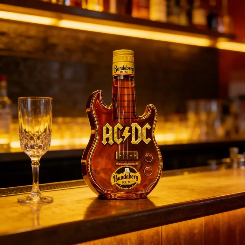 AC/DC x Bundaberg Edición Limitada, Ron en Forma de Guitarra, Botella Coleccionable con Diseño de Guitarra Eléctrica, Licor Temático de Banda de Rock, Regalo Único