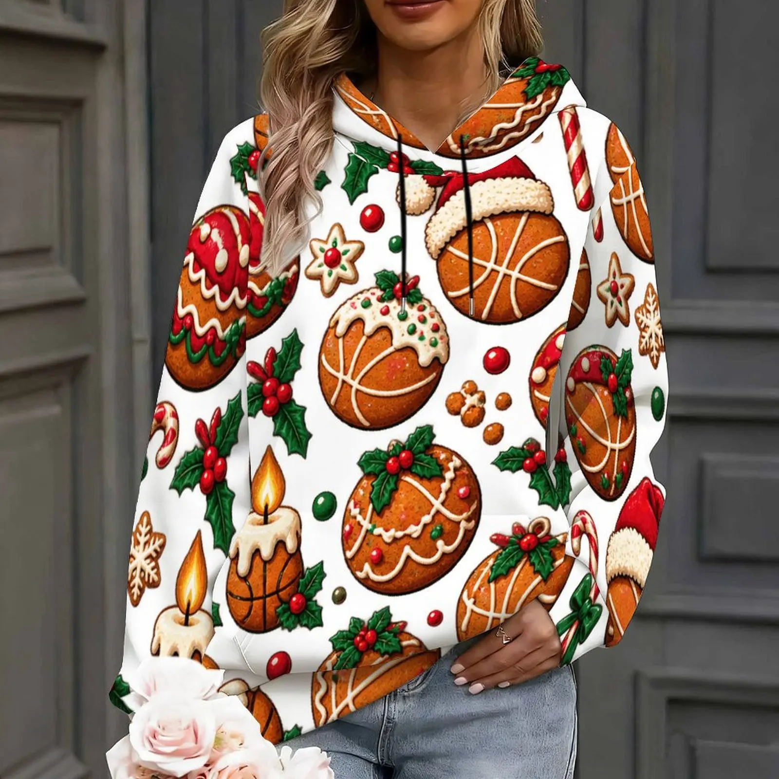Women White Christmas Basketball Gingerbread Cookie Print Long Sleeve Hoodie Pullover