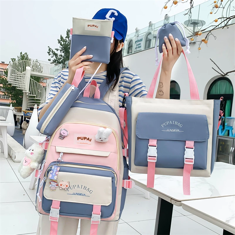 

5Pcs Sets Kawaii Teenage Girls Backpack High School Bookbags Waterproof Schoolbags Large Capacity Girls Student Tote Rucksack 50