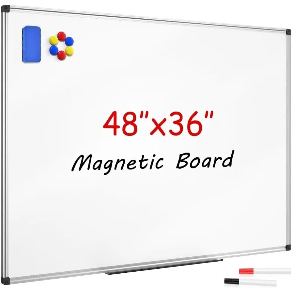 Dry Erase Whiteboard 48 x 36 Inch - 4 x 3 Large White Board,  2 Pen, Detachable Marker Tray, 6 Magnets for Office, School