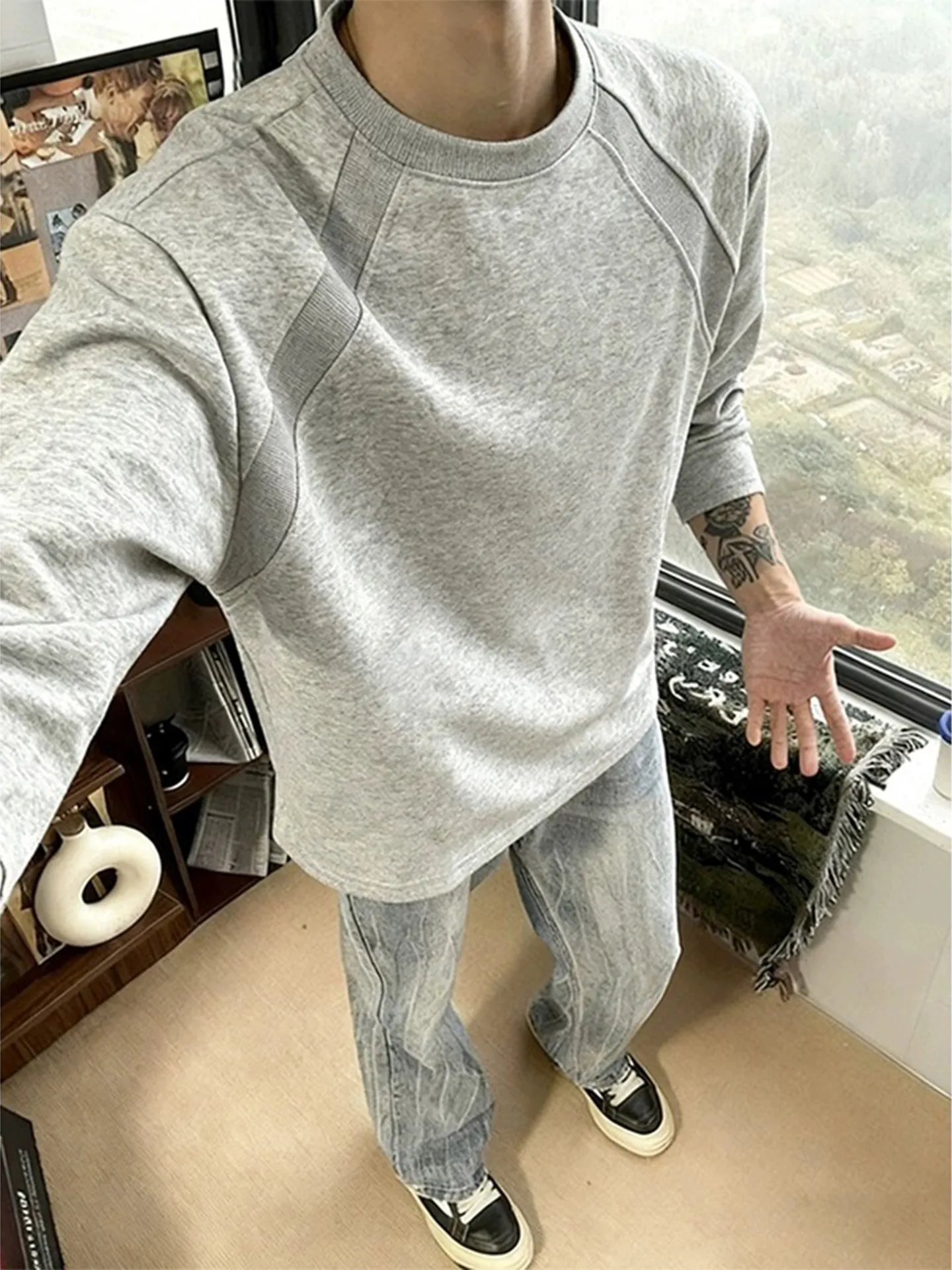 Light Grey Deconstructed Long Sleeve T-Shirt Men's Style Heavyweight Shoulder Sweatshirt Premium Feeling Teenage Base Layer