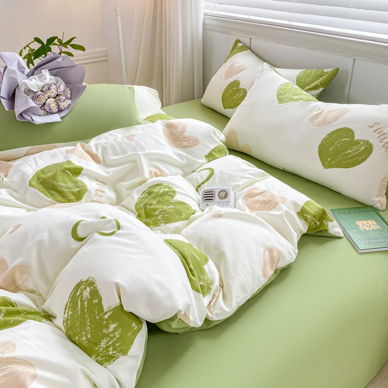 Ins Heart Bedding Set No Filler Green Duvet Cover Pillowcase Flat Sheet Single Twin Queen Size Couple Girls Home Bed Linens