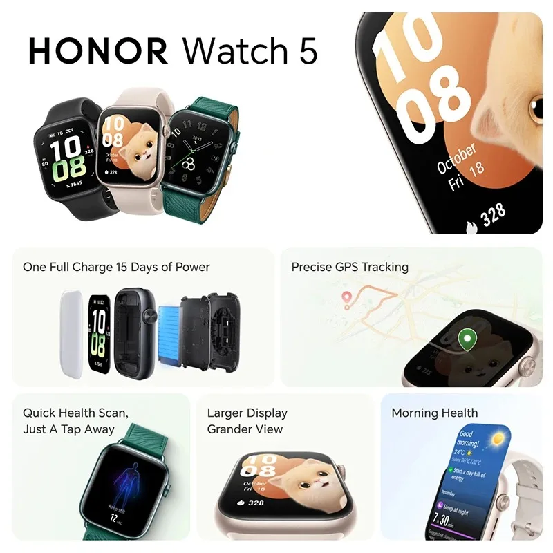 Global Version  HONOR Watch 5 Smartwatch 1.85'' AMOLED Color Screen 64MB RAM+4GB ROM 480mAh Battery Support Bluetooth 5ATM&IP68