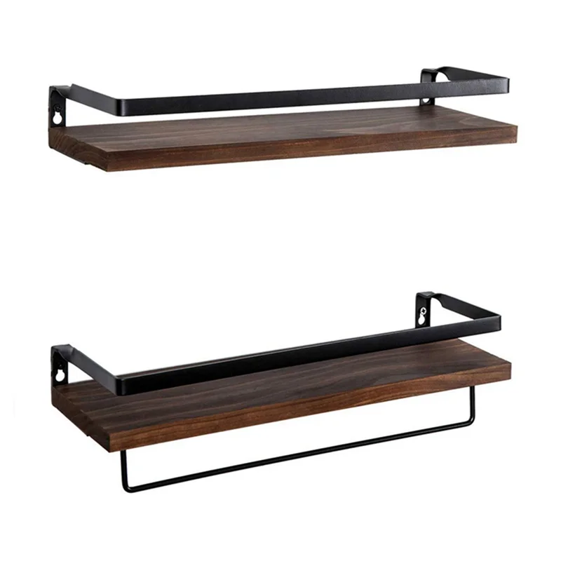PB-2 Pack Set di mensole da parete in metallo, legno, rustico, galleggiante, portasciugamani da cucina, bagno
